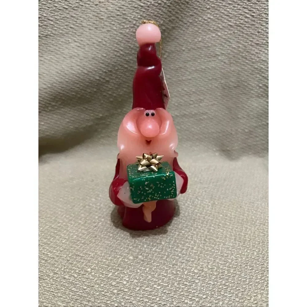Vintage Northern Lights Candle Santa Gnome Holding Glitter Green Present Gift 7”